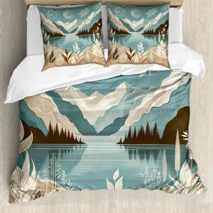 Abakuhaus Bettwäsche Top Qualität Weich und Warm 3 Teiligen Bettbezug mit 2 Kissenbezüge, Microfaser, See Berge Naturszene Botanische Ornamente