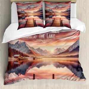 Abakuhaus Bettwäsche Top Qualität Weich und Warm 3 Teiligen Bettbezug mit 2 Kissenbezüge, Microfaser, See Traumhafte Sonnenuntergangsszene