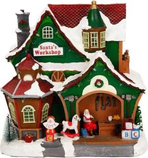 LuVille Weihnachtsdorf Weihnachtsszene, Weihnachtsmann Werkstatt mit Beleuchtung und Musik