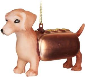 BRUBAKER Christbaumschmuck Dackel als Hot Dog Braun - Handbemalte Weihnachtskugel Hund aus Glas (1-tlg), Christbaumschmuck Tiere Deko Anhänger Lustige Baumkugel - 10,8 cm
