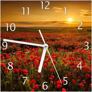 Wallario Wanduhr Mohnblumenwiese bei Sonnenuntergang am Abend (Glasuhr)