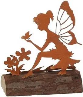 Linoows Dekoobjekt Garten Figur Elfe auf Baumstamm, Garten Skulptur (Packung), Elfe auf Baumstamm, kleine Garten Skulptur aus rostigem Eisen