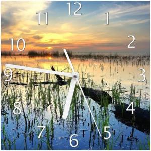 Wallario Wanduhr Schilf am Abend - Sonnenuntergang über der Seelandschaft (Glasuhr)