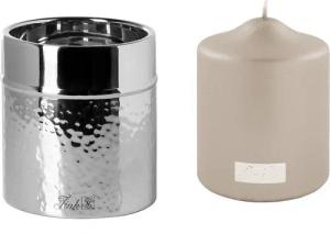 Fink Kerzenleuchter NASSAU - Kerzenhalter + Kerze aus Edelstahl/ Paraffin - silber/ stein (2er Set, 1 St., 2 Stück), Stumpenkerzenhalter - Windlicht - Kerzenlicht - Geschenkset Dekoration