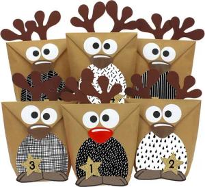 PAPIERDRACHEN befüllbarer Adventskalender Set RENTIERE mit Papiertüten, Zahlenaufklebern, Bäuche/Augen etc.