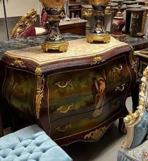 Casa Padrino Kommode Casa Padrino Barock Kommode Braun / Gold / Mehrfarbbig / Cremefarben - Handgefertigte Kommode mit 3 Schubladen und Marmorplatte - Barock Möbel