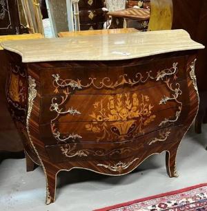 Casa Padrino Kommode Casa Padrino Barock Kommode Dunkelbraun / Braun Intarsien / Gold / Cremefarben - Handgefertigte Massivholz Kommode mit 4 Schubladen und Marmorplatte - Barock Möbel