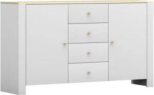 MOEBLO Kommode GAWIN 2D4S 06 (Sideboard Wohnzimmer Schlafzimmer Highboard Kommode mit goldenen Griffen, Komodenschrank, Weiß matt + Eiche Hickory + Gold), (BxHxT):160x92x42cm