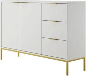 Home Collective Kommode mit 3 Schubladen und 2 Schränken, modernes Sideboard, Stahlrahmen Weiß und Gold