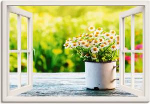 Artland Wandbild "Fensterblick Garten mit Gänseblümchen", Blumen, (1 St.), als Alubild, Outdoorbild, Leinwandbild, Wandaufkleber, versch. Größen