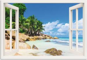 Artland Wandbild "Küste mit Palmen durchs Fenster", Karibikbilder, (1 St.), als Alubild, Outdoorbild, Leinwandbild, Poster, Wandaufkleber