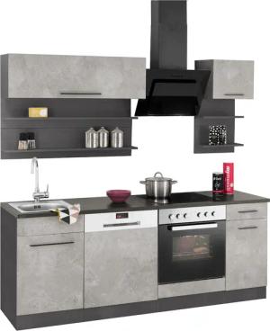 KOCHSTATION Küchenzeile "KS-Tulsa", mit E-Geräten, Breite 210 cm, schwarze Metallgriffe, MDF Fronten