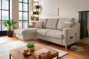 INOSIGN Ecksofa "Valentina L-Form", 2 Zierkissen, mit Seitentasche, ausziehbarer Liegefläche, Bettkasten