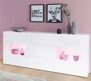 INOSIGN Sideboard "Real,Vitrine,Kommode,Schrank, komplett hochglanz lackiert", mit 2 Glastüren und 3 Schubladen ohne Griff, Breite 180