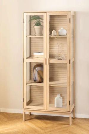 ACTONA GROUP Stauraumschrank "Linley Vitrine, Mehrzweckschrank,", Eichenfurnier/Eiche, Lamellenrücken, 3 Einlegeböden, 2 Glastüren