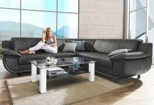 TRENDMANUFAKTUR Ecksofa "Rondo wahlweise mit Schlaffunktion, 267x247 cm (BxT), breite Armlehnen", L-Form, wahlweise mit Federkern bestellbar, Füße schwarz