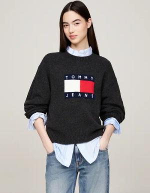 Tommy Jeans Curve Strickpullover "TJW MELANGE FLAG SWEATER EXT", in Großen Größen, mit Wollanteil & Elasthan