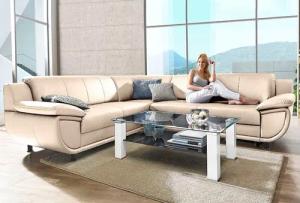 TRENDMANUFAKTUR Ecksofa "Rondo wahlweise mit Schlaffunktion, 267x247 cm (BxT), breite Armlehnen", L-Form, wahlweise mit Federkern bestellbar, Füße schwarz