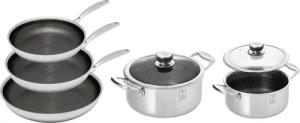 HENSSLERS Pfannen-Set, Edelstahl, (Set, 7 tlg., je 1 Pfanne Ø 20/24/28 cm, je 1 Kochtopf Ø 20/24 cm), 3-Schicht Material, Wabenstruktur und Antihaftbeschichtung, Induktion