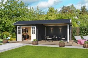 LASITA MAJA Gartenhaus "New York", (Set), Blochbohlenhaus 34mm, Fundamentmass 3000x3000+3800, Carbongrau