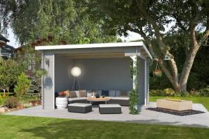 LASITA MAJA Gartenhaus "Unterstand/Lounge Buffalo 380", Unterstand / Lounge 28mm, Fundamentmass 3800x2750, Lichtgrau