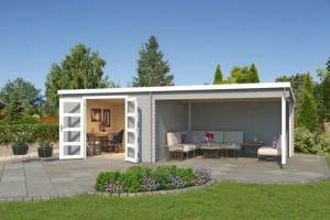 LASITA MAJA Gartenhaus "New Orleans", (Set), Blochbohlenhaus 28mm Anbau, Fundamentmass 3300x3300+3800, Lichtgrau