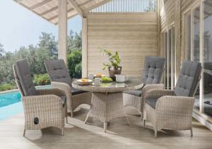 Destiny Garten-Essgruppe "PALMA LUNA", (Set, 5 tlg., 1 Tisch Ø, 4 Hochlehner, verstellbar), (Set, 9-tlg., 4 Hochlehner, 1 Tisch Ø 100x75cm) Aluminium, Polyrattan