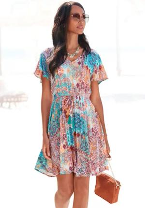LASCANA Druckkleid, aus gekreppter Viskose, farbenfrohes Sommerkleid, Strandkleid