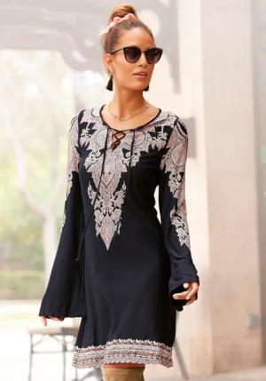LASCANA Jerseykleid, mit Bordürendruck und Schnürung am Ausschnitt, Sommerkleid