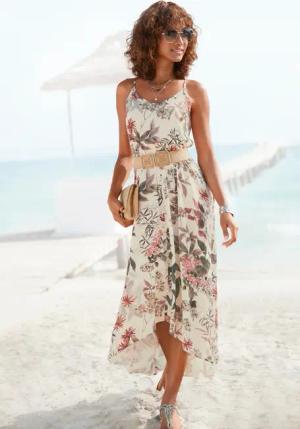 LASCANA Maxikleid, mit Blumenprint, leichtes Sommerkleid im Vokuhila-Stil, Strandkleid