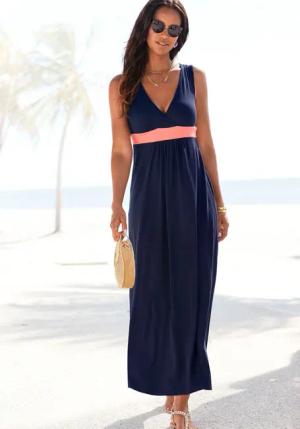 LASCANA Maxikleid, mit farbigem Einsatz und V-Ausschnitt, Sommerkleid, Strandkleid