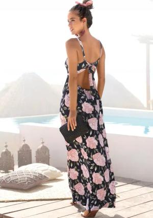 s.Oliver Maxikleid, mit tiefem Rückenausschnitt, Sommerkleid im Alloverprint, Strandkleid