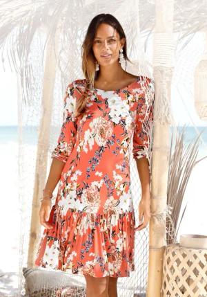 s.Oliver Jerseykleid, mit Blumenprint und Volantrock, 3/4-Ärmel, Sommerkleid, Strandkleid