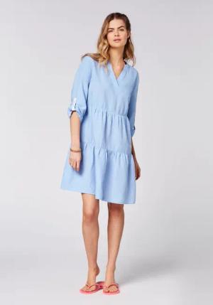 Langärmeliges Leinenkleid mit Saumvolants