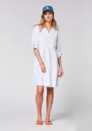 Langärmeliges Leinenkleid mit Saumvolants