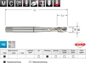 RUKO Maschinengewindebohrer-Modul M DIN 371 / 376 HSS + HSS Co 5 + HSS-TiN Form C / 35° RSP