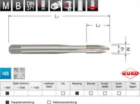 Ruko Maschinengewindebohrer-Modul M DIN 371 / 376 HSS + HSS Co 5 + HSS-TiN geschliffen, Form B in Quadro Pack