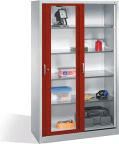 C+P Werkzeugschrank mit Sichtfenster-Schiebetüren, 4 Böden, H1950xB1200xT500mm Front Rubinrot Korpus Lichtgrau