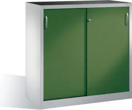 C+P Werkzeug-Beistellschrank mit Schiebetüren, innen 2 Böden, H1200xB1200xT500mm Front Resedagrün Korpus Lichtgrau