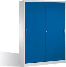 C+P Werkzeugschrank mit Schiebetüren, innen 2 x 4 Böden, H1950xB1600xT500mm Front Enzianblau Korpus Lichtgrau