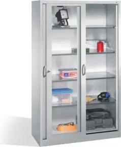 C+P Werkzeugschrank mit Sichtfenster-Schiebetüren, 4 Böden, H1950xB1200xT500mm Front Lichtgrau Korpus Lichtgrau