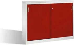 C+P Akten-Sideboard Acurado mit Schiebetüren, 2 x 3 Ordnerhöhen, H1200xB1600xT400mm Front Rubinrot Korpus Lichtgrau
