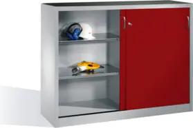 C+P Werkzeug-Beistellschrank mit Schiebetüren, innen 2 x 2 Böden, H1200xB1600xT400mm Front Rubinrot Korpus Lichtgrau