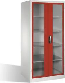 C+P Werkzeugschrank XXL mit Sichtfenster-Drehtüren, innen 4 Böden, H1950xB930xT800mm Front Rubinrot Korpus Lichtgrau