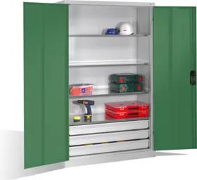 C+P Werkzeugschrank mit Drehtüren, 4 Böden und 3 Schübe, H1950xB1200xT500mm Front Resedagrün Korpus Lichtgrau