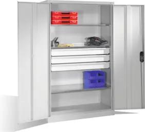 C+P Werkzeugschrank mit Drehtüren, 3 Böden und 3 Schübe, H1950xB1200xT500mm Front Lichtgrau Korpus Lichtgrau