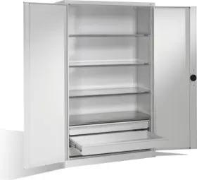 C+P Schwerlastschrank mit Drehtüren, 4 Böden und 3 Schübe, H1950xB1200xT500mm Front Lichtgrau Korpus Lichtgrau
