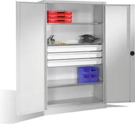 C+P Schwerlastschrank mit Drehtüren, 3 Böden und 3 Schübe, H1950xB1200xT500mm Front Lichtgrau Korpus Lichtgrau