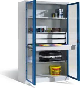 C+P Werkzeugschrank, Sichtfenster-Drehtüren, 3 Böden, 3 Schübe, H1950xB1200xT500mm Front Lichtblau Korpus Lichtgrau