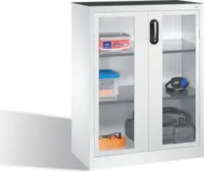 C+P Werkzeug-Beistellschrank mit Sichtfenster-Drehtüren, 2 Böden, H1200xB930xT500mm Front Lichtgrau Korpus Lichtgrau